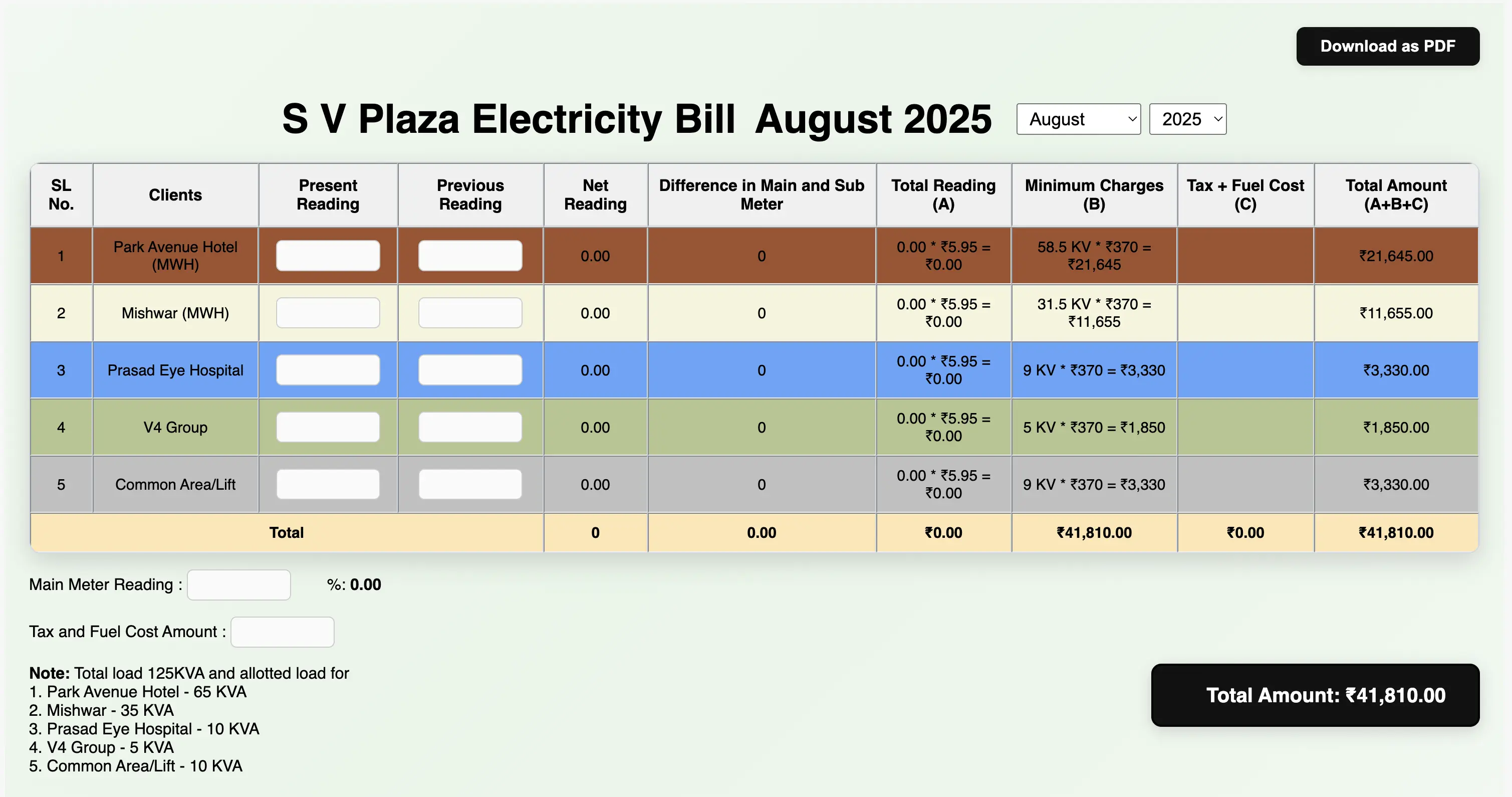 S V Plaza Electricity Bill